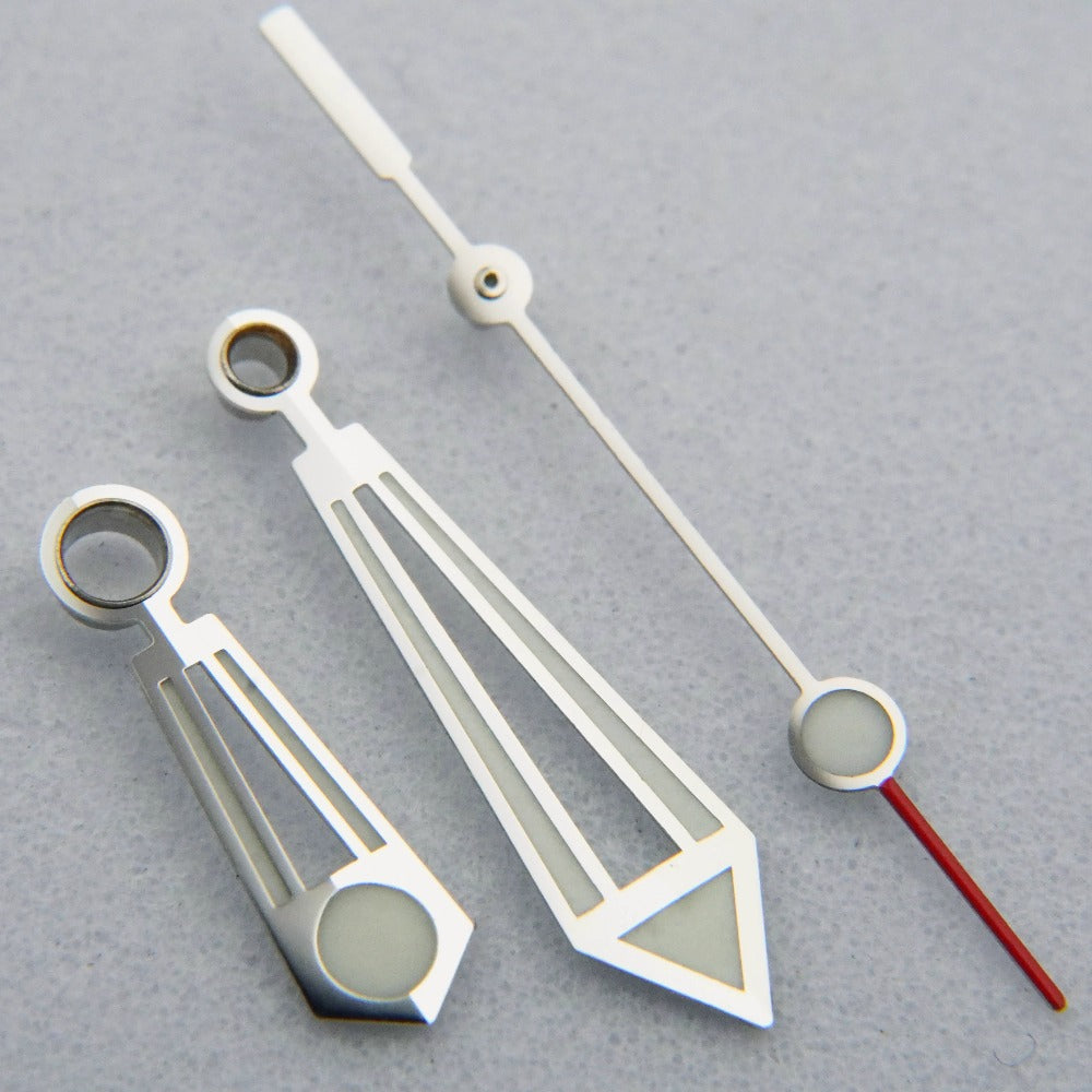 Green lume silver trim watch hands for ETA 2824 movement by OMG300 Series, perfect for watch repairs and customization.