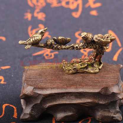 Hand-carved bronze magpie figurine on solid copper blooming flowers trinket.
