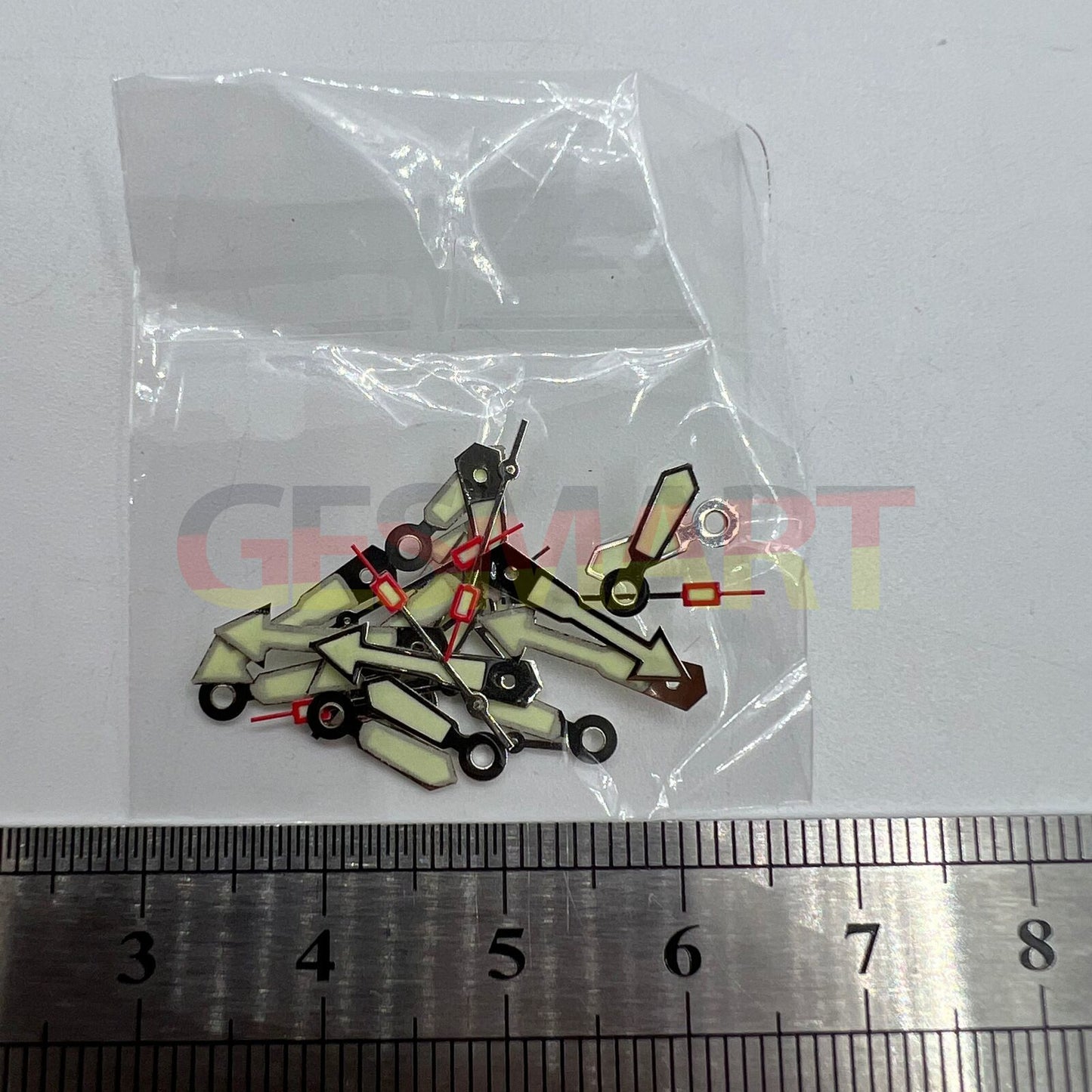 Arrow-shaped silver trim watch hand with green lume, compatible with Miyota 2035, 2115, 2105, 2305 movements.