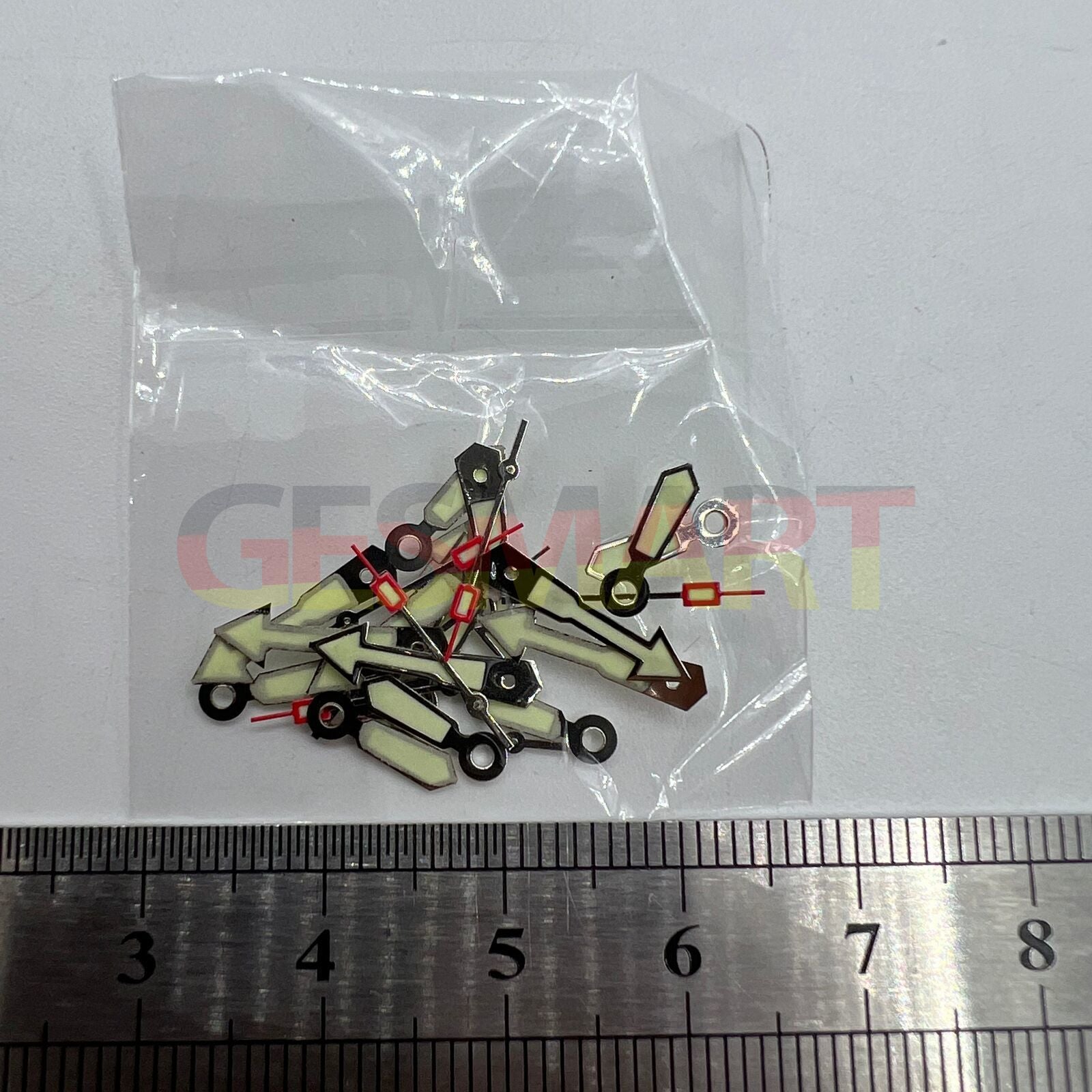 Arrow-shaped silver trim watch hand with green lume, compatible with Miyota 2035, 2115, 2105, 2305 movements.