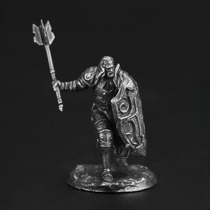 White Brass Figurine Armored Fighter Miniature - Mace and Shield Cleric Figure