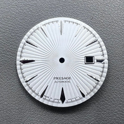 35mm silver watch dial with white cocktail markers, no lume, compatible with NH35 movement by Nail+White.