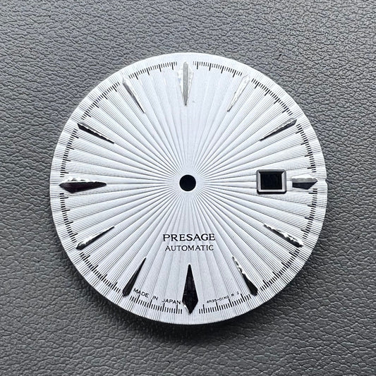 35mm silver watch dial with white cocktail markers, no lume, compatible with NH35 movement by Nail+White.