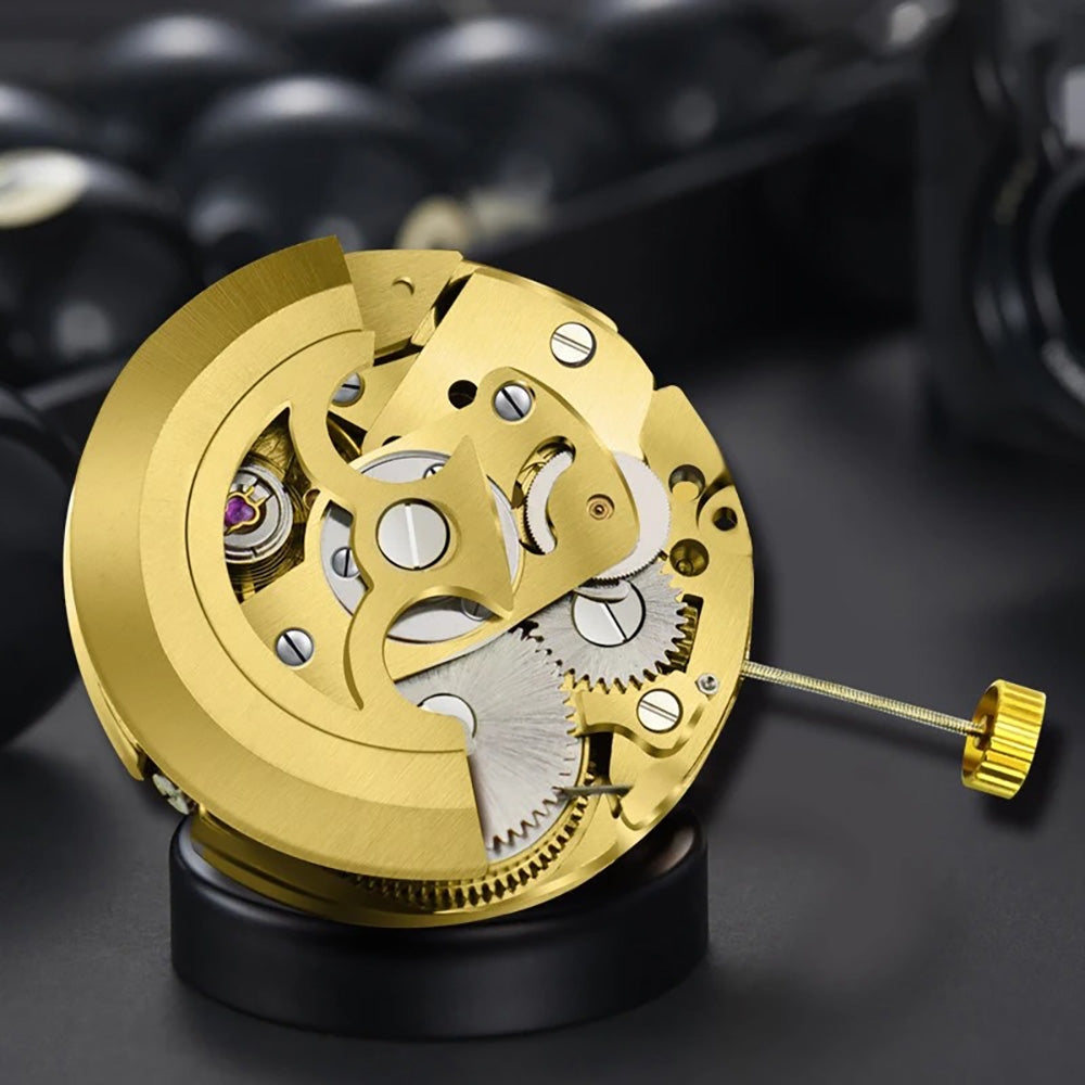 Gold 27mm 17-jewel skeleton automatic watch movement with pendulum adjustment by Radiation Pattern, 2004 model.