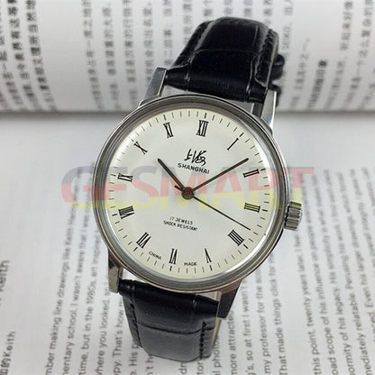 36mm Shanghai Factory 8120 manual mechanical watch with 17 jewels, shock-resistant design for durable wear.