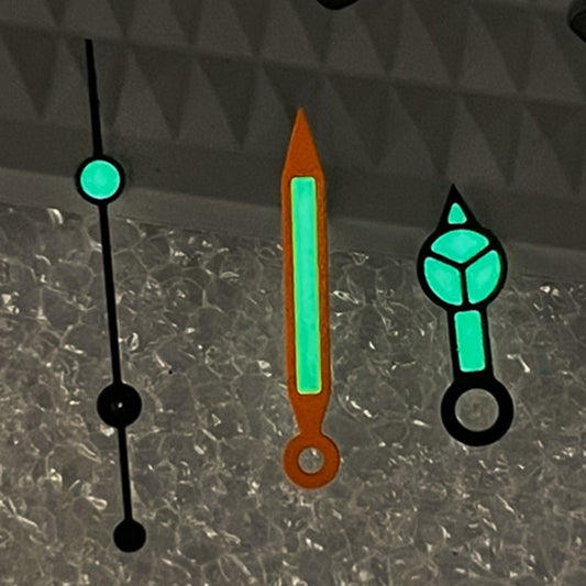 Orange and black trim C3 green lume vintage watch hands for NH34 NH35 NH36 NH38 movements.