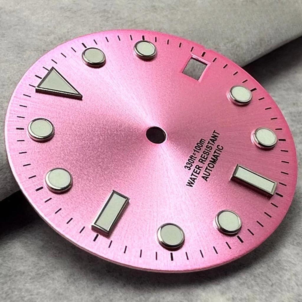 28.5mm Pink Watch Dial Date Window Green Luminous Fit NH35 /NH36/4R/7S Movement