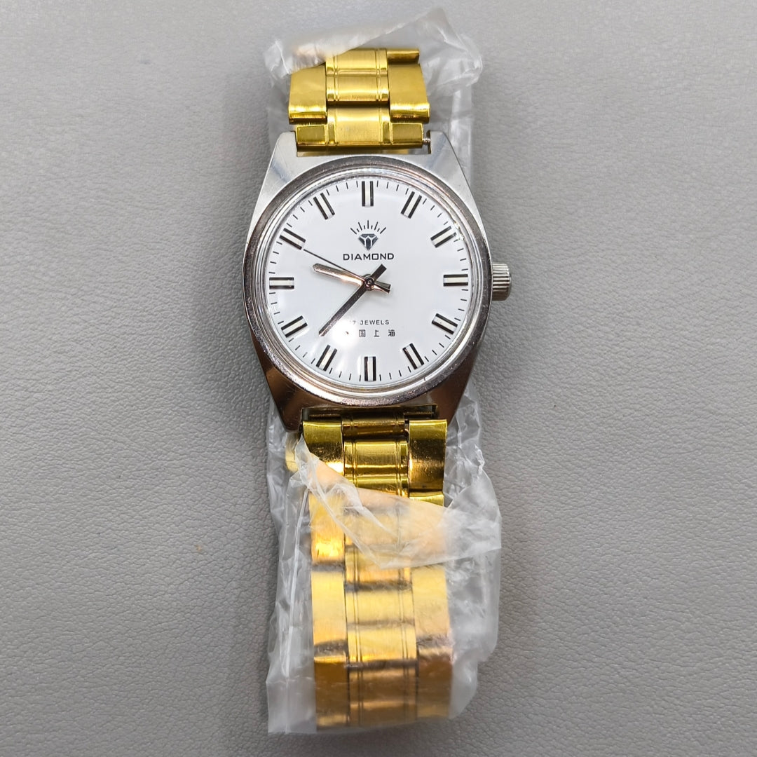 38mm Golden Band DIAMOND Manual Mechanical Watch 17 Jews White Dial Silver Case