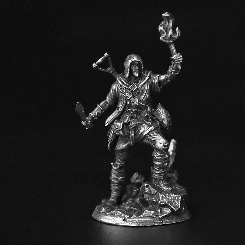 White Brass Figurine Hooded Ranger Adventurer Miniature - Torch and Dagger Figure