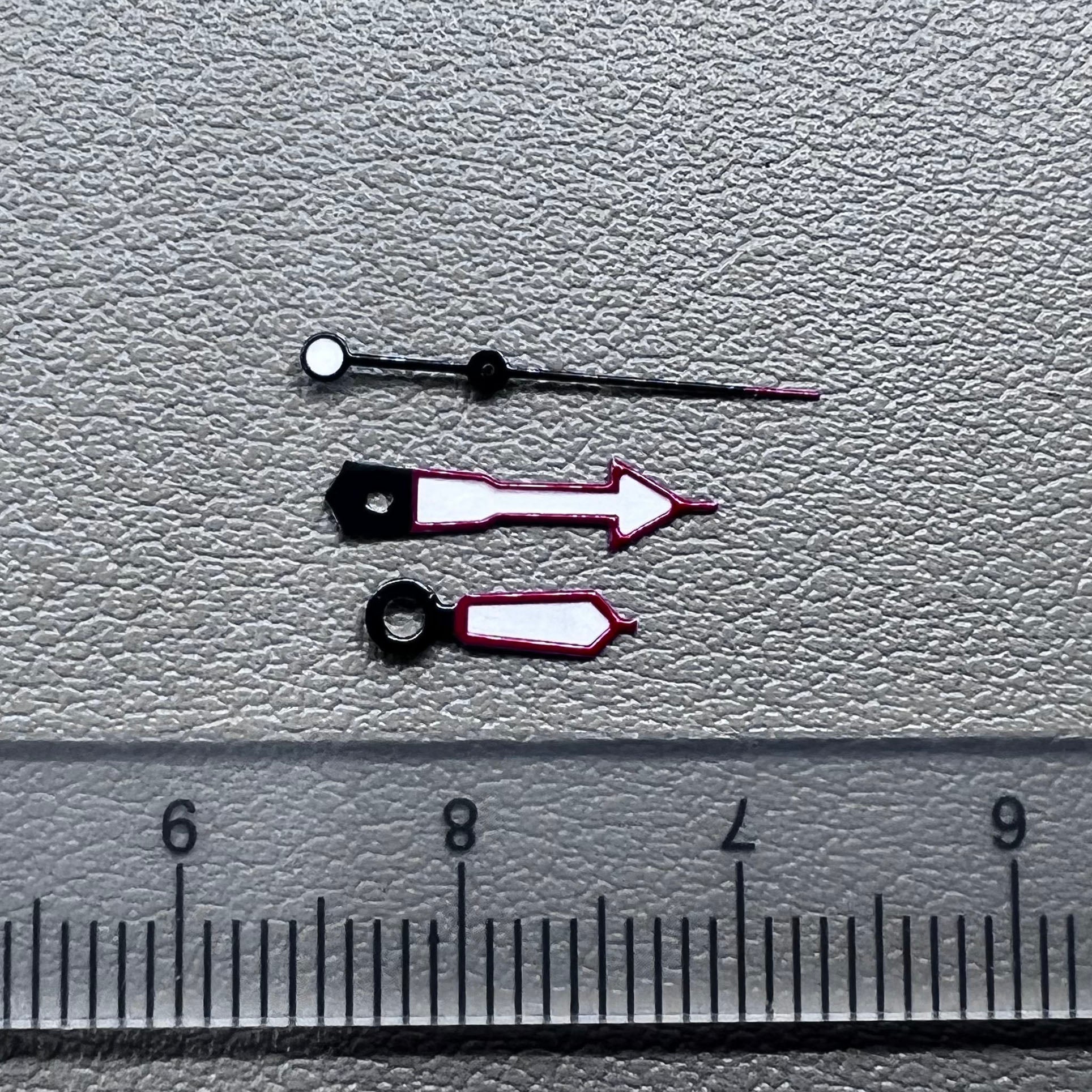 Green lume arrow-shaped watch hands with red trim, compatible with NH35 NH36 movements,.