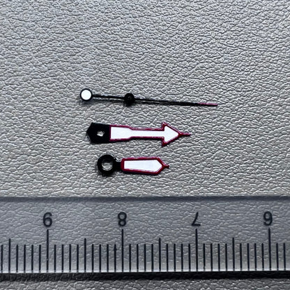 Green lume arrow-shaped watch hands with red trim, compatible with NH35 NH36 movements,.