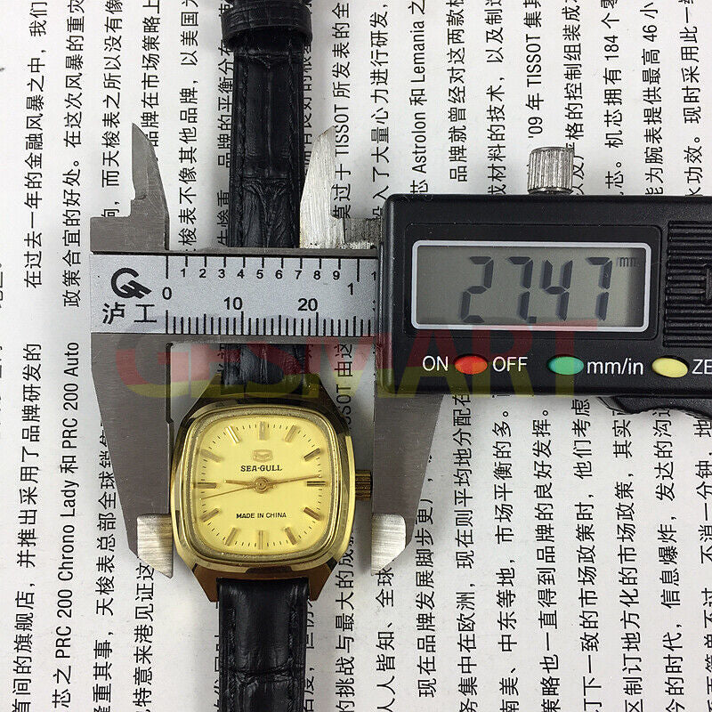 27mm golden square case ladies watch by Tianjin Seagull featuring mechanical movement and elegant style.