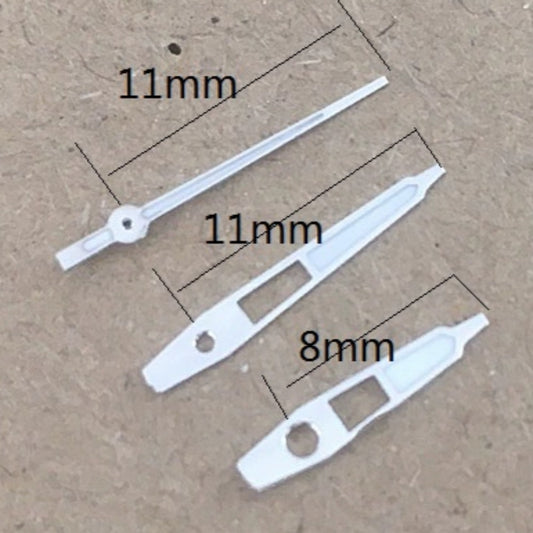 Aiguilles de montre lumineuses vertes avec garniture argentée de 11 mm, compatibles avec le mouvement à quartz Miyota 2035
