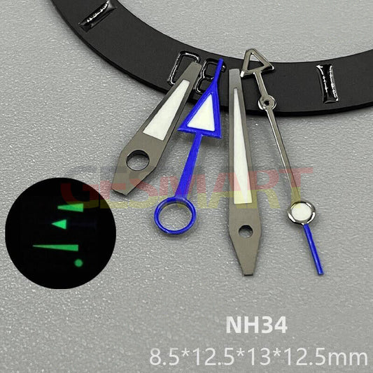 Green luminous watch hands with sea blue trim for NH34 movement, perfect replacement.