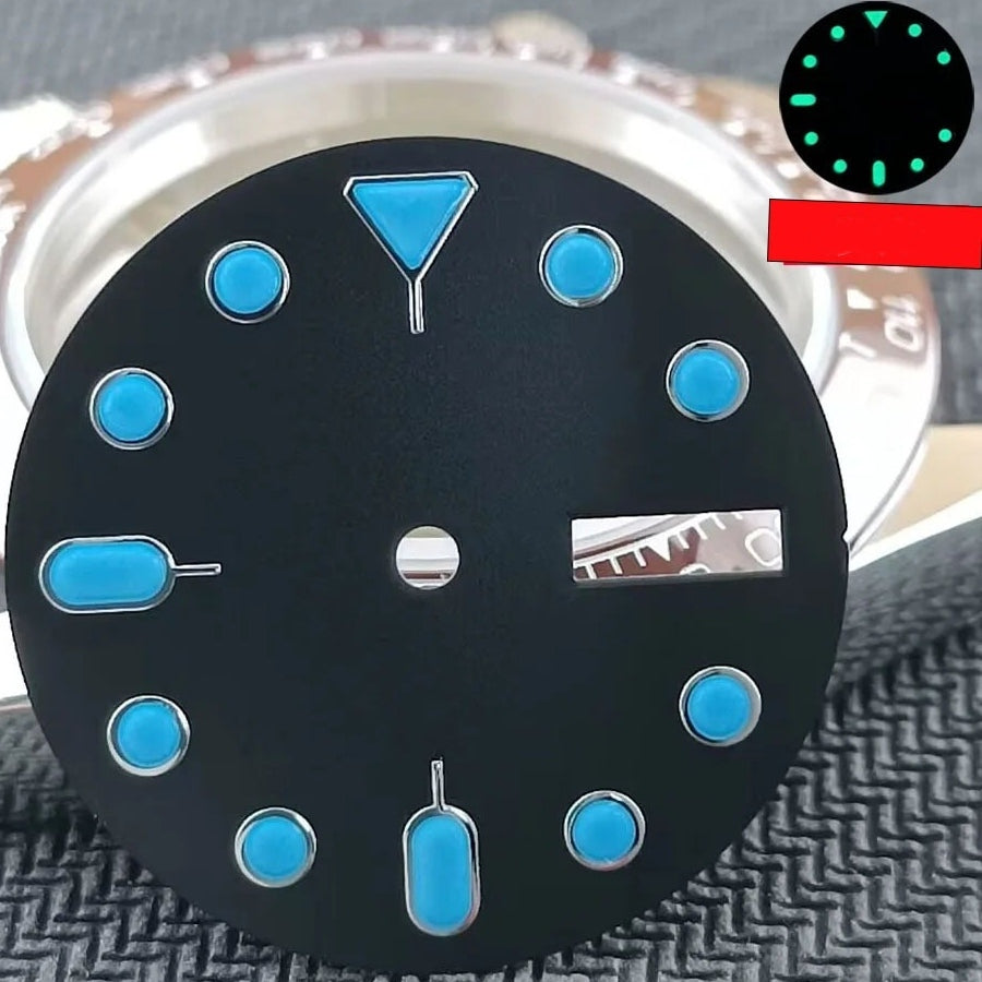 Green lume metal dial with blue paint and silver trim for SKX007 NH36