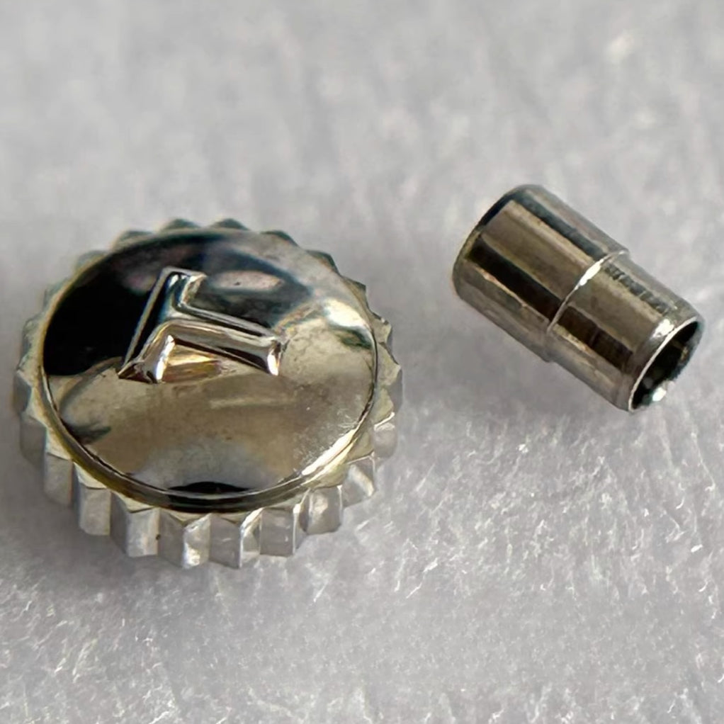 Steel silver watch crown for Tissot T41, durable replacement part for watch repair.