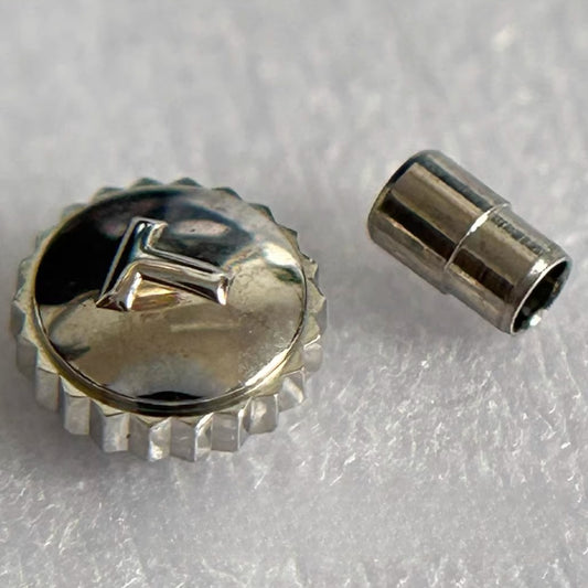 Steel silver watch crown for Tissot T41, durable replacement part for watch repair.