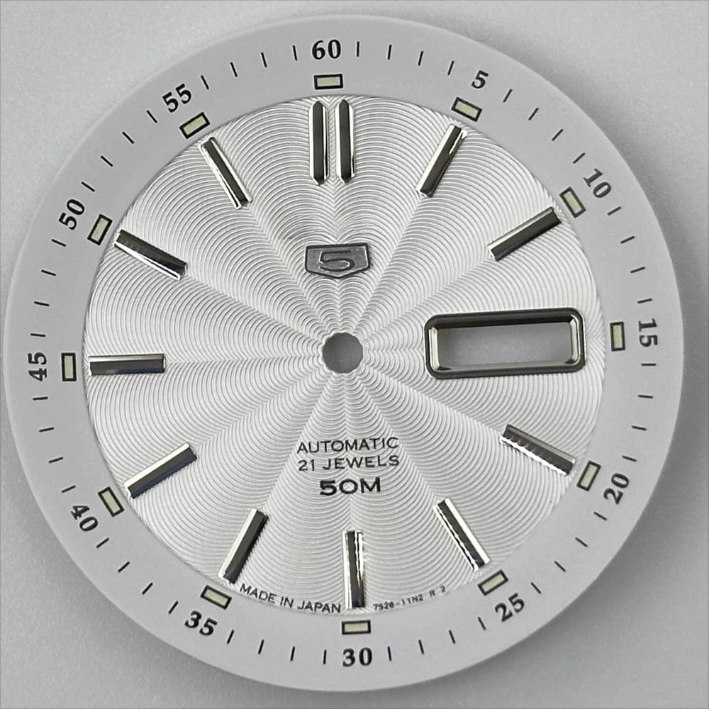 White 35.5mm silver nail vintage watch dial with green luminous markers for NH35 NH36 movements.