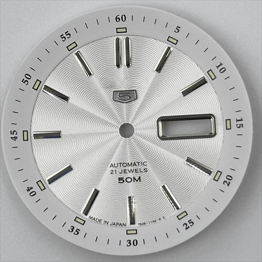 White 35.5mm silver nail vintage watch dial with green luminous markers for NH35 NH36 movements.
