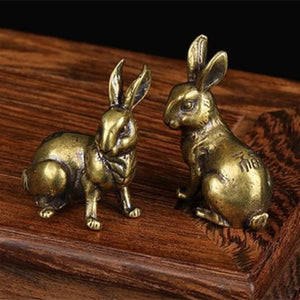 2pcs Solid Copper Cute Rabbit Trinket Vintage Hand Carved Bronze Model Figurines