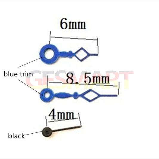 Blue trim diamond-shaped hollow watch hands designed for Miyota 1L45 quartz movements, enhancing precision and style.