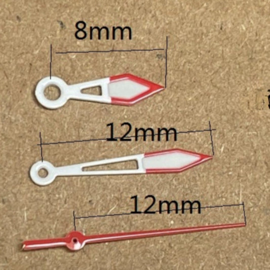 White and red trimmed green lume watch hands for Ronda 515 quartz movement