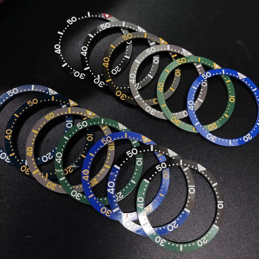 Flat ceramic bezel insert 38mm with luminous markers for precise watch accessory replacement.
