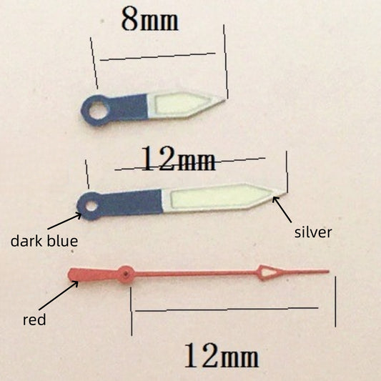 Aiguilles de montre luminescentes bleu foncé 12 x 12 x 8 mm, garniture argentée, pour mouvement à quartz Ronda 515
