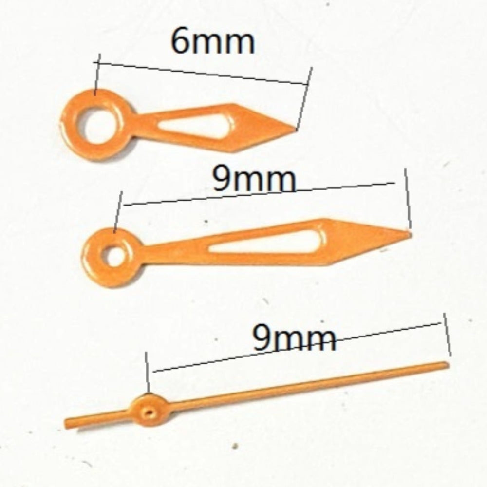 Orange trim big arrow-shaped watch hands for Miyota 2035 quartz movement, precise time display.