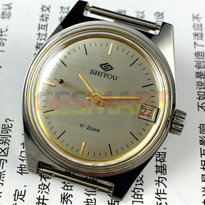 Shiyou 32mm grey mechanical watch with 17 jewels, single calendar display, and elegant classic design.