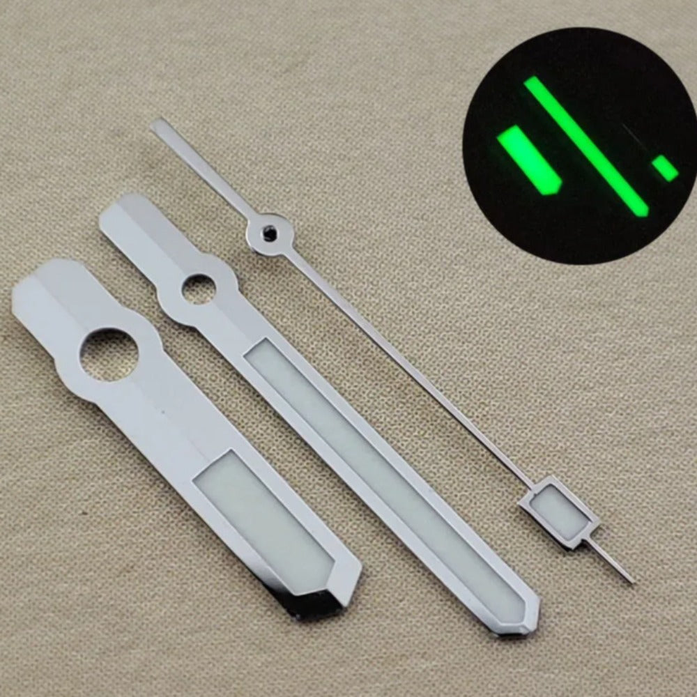 13mm green luminous watch hands with silver trim for NH35/36, NH38, NH72 movements