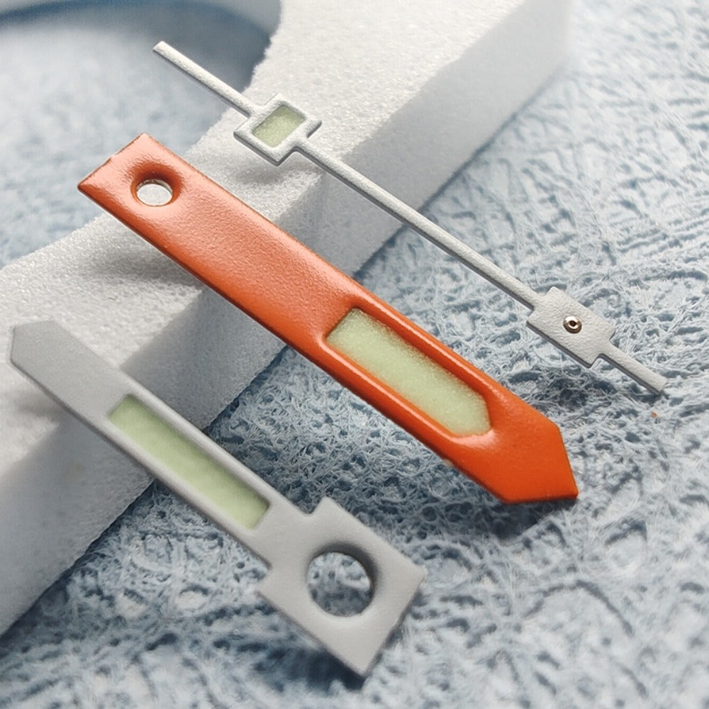 Orange and white trimmed C3 green lume vintage watch hands for NH34 NH35 NH36 NH38 models.