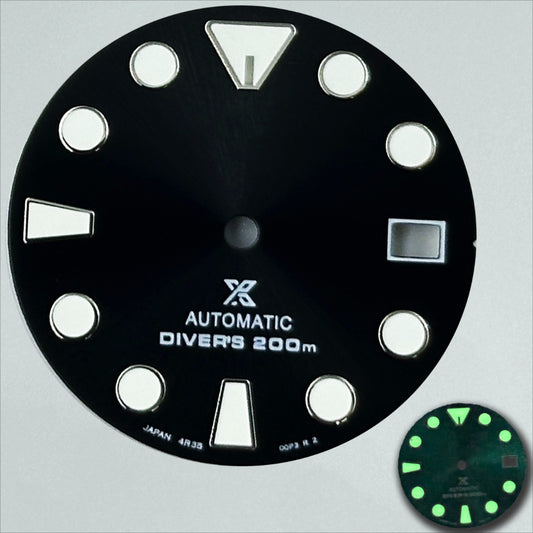 28.5mm black Datejust watch dial with green luminous markers for NH35 NH36 movement.