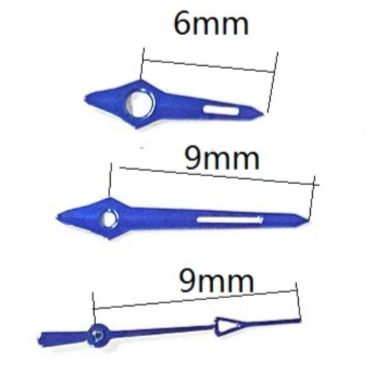 Blue 9x9x6mm trim watch hands compatible with Miyota 2035 2115 quartz movements, precise fit.