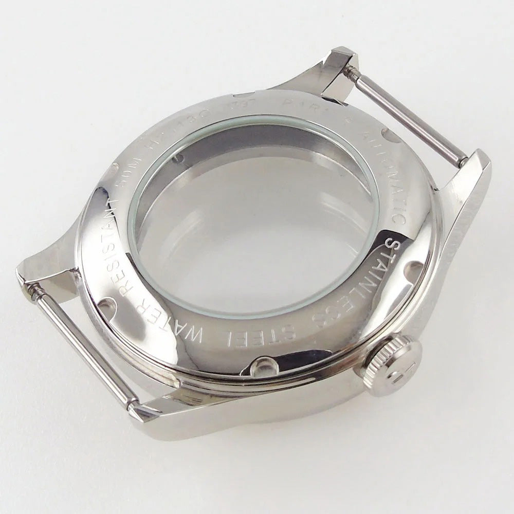39mm watch case with sapphire crystal back for MIYOTA 8215 automatic movement, durable wristwatch part.