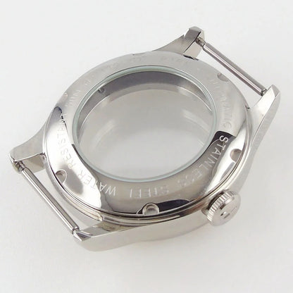 39mm watch case with sapphire crystal back for MIYOTA 8215 automatic movement, durable wristwatch part.