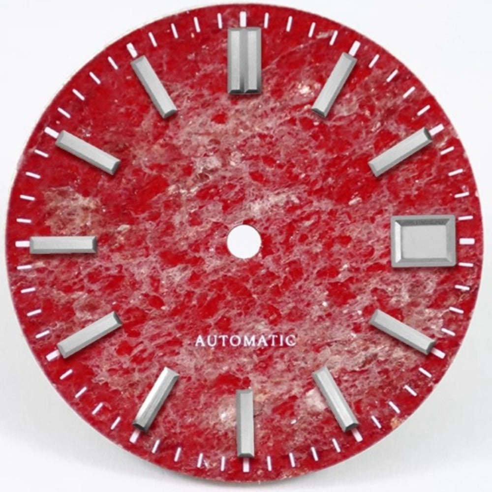 Red Natural Mica Jade watch dial 28.5mm for NH35, no luminous, no logo, elegant accessory.