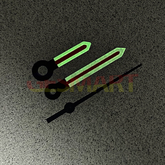Red arrow-shaped silver trimmed luminous watch hands for NH35/NH36 movements with green glow.