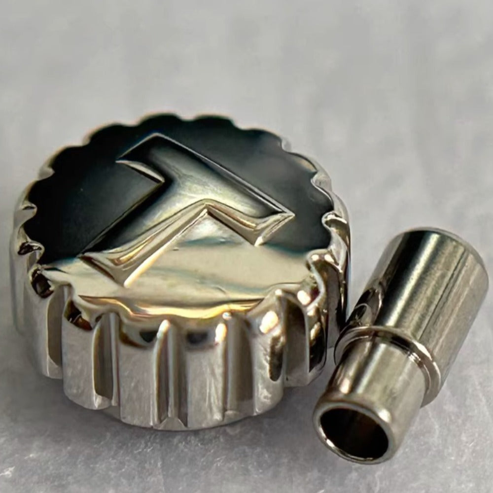 Polished steel silver watch crown for Tissot T011217, durable replacement accessory for watch repair.