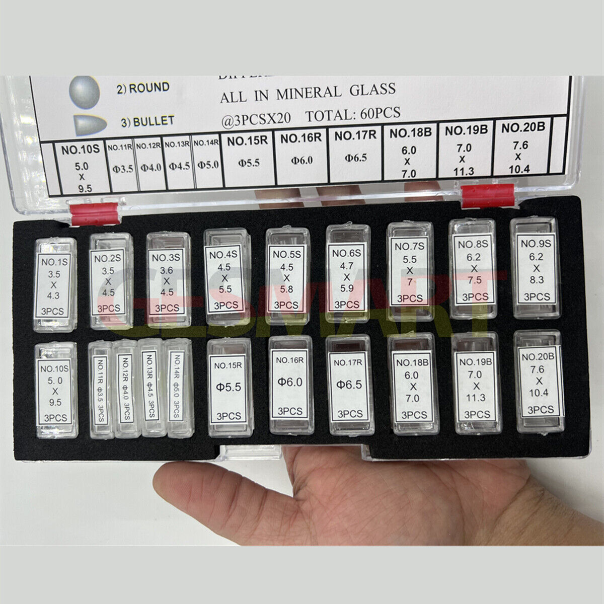 KG-6021-DLF date lens in three sizes, mineral glass, durable watch accessory, 60 pieces per box by KG.