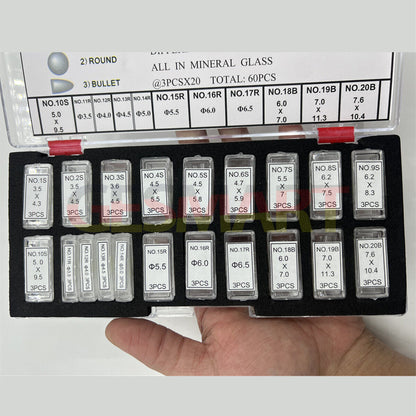 KG-6021-DLF date lens in three sizes, mineral glass, durable watch accessory, 60 pieces per box by KG.