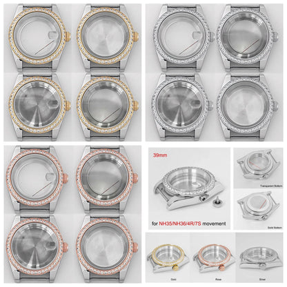 39mm Diamond Watch Case for NH35/36 Sapphire Glass Crystal Bezel Stainless Steel