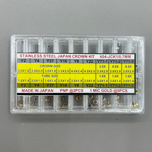 Assortment Kit 63 pieces stainless steel watch crowns, golden & silver, 0.7mm diameter for watch repair.
