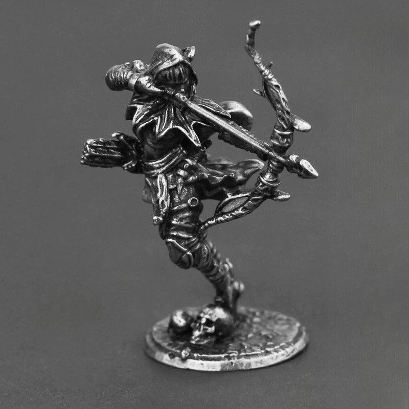 White Brass Figurine Hooded Female Archer Miniature - Leaping Running Shot Bow Figure