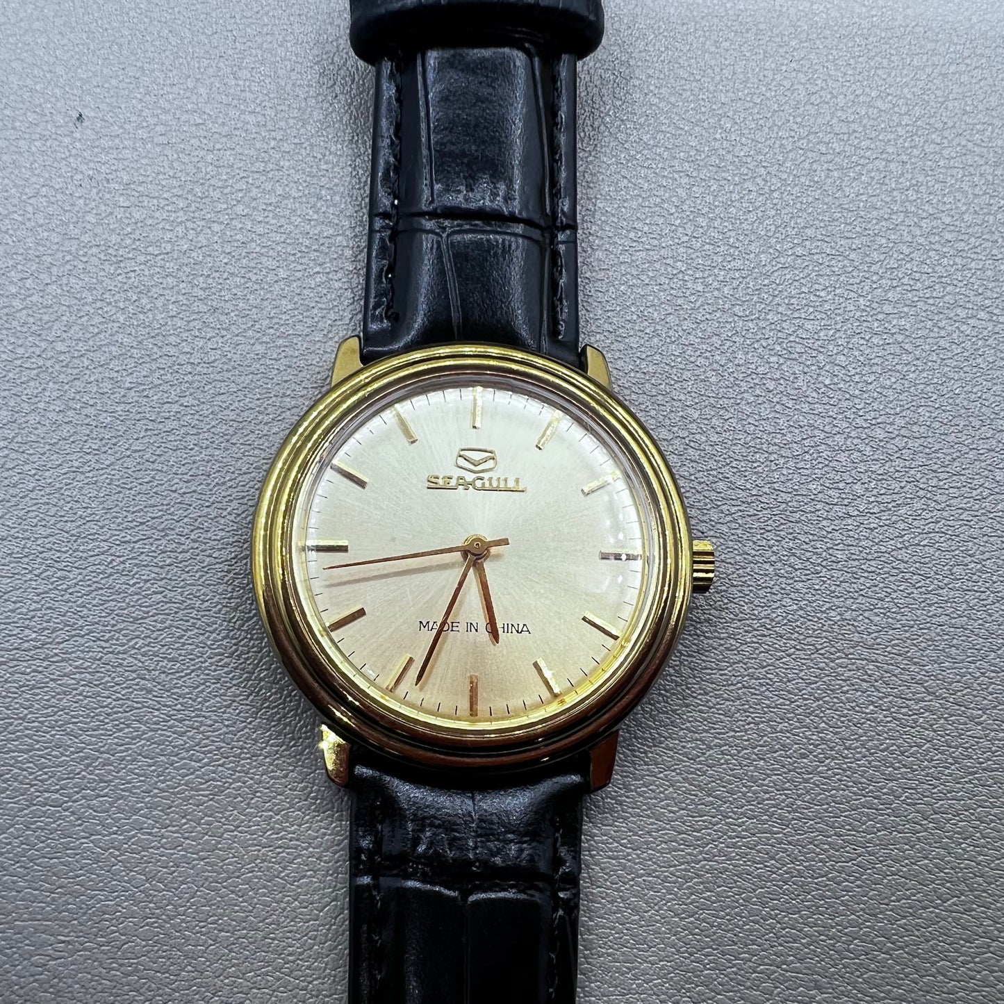 35mm Black Strap Round Golden Case Golden Dial Tianjin Seagull Manual Mechanical Watch