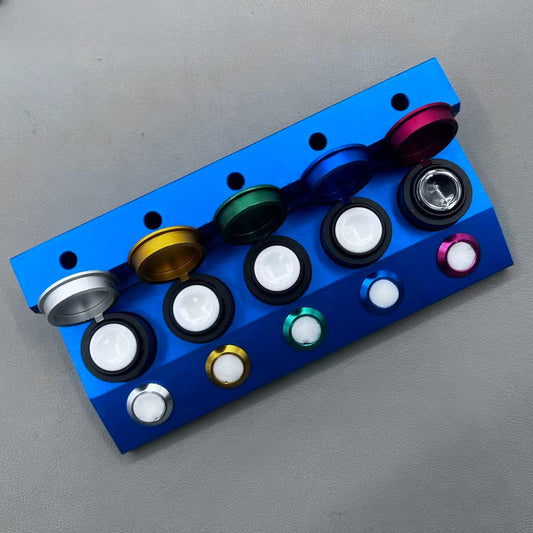 Die-cast alloy 5-container oil cup stand for watch repair accessories.