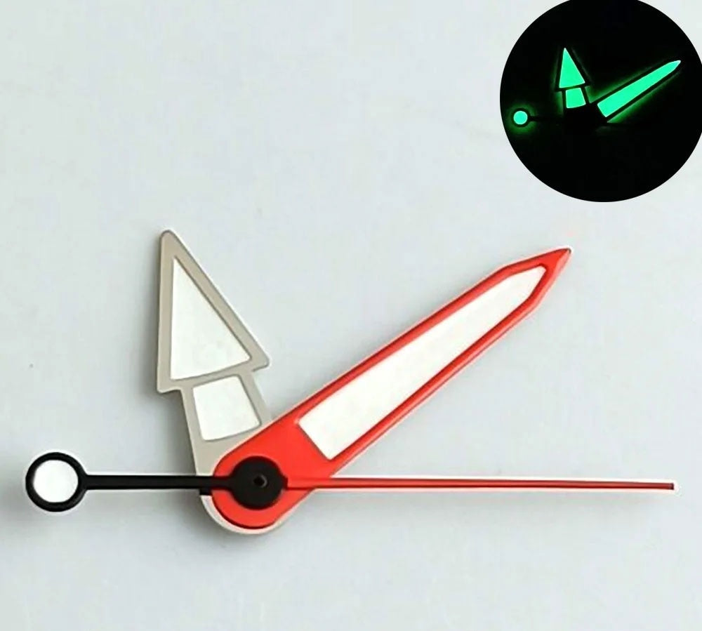 Arrow-shaped green lume watch hands with silver and red trim, compatible with NH35, NH36, NH70 movements, for precise timekeeping.