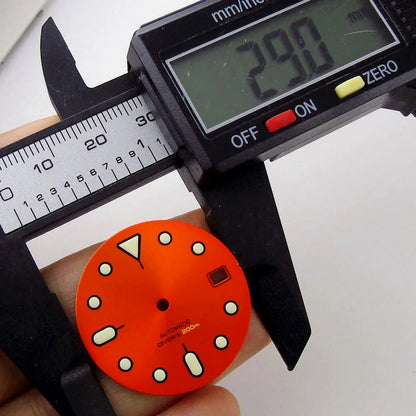 Sunburst orange 29mm dial with luminous markers for SKX mod, compatible with NH35 NH36 movement, crown at 3.8,.