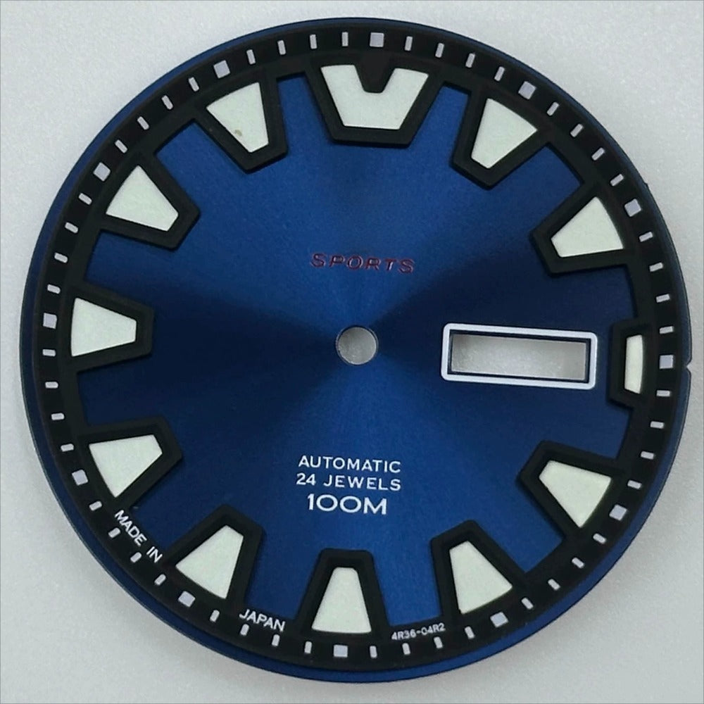 Blue 35mm watch dial with green luminous markers, compatible with NH36 movement for watch accessories.
