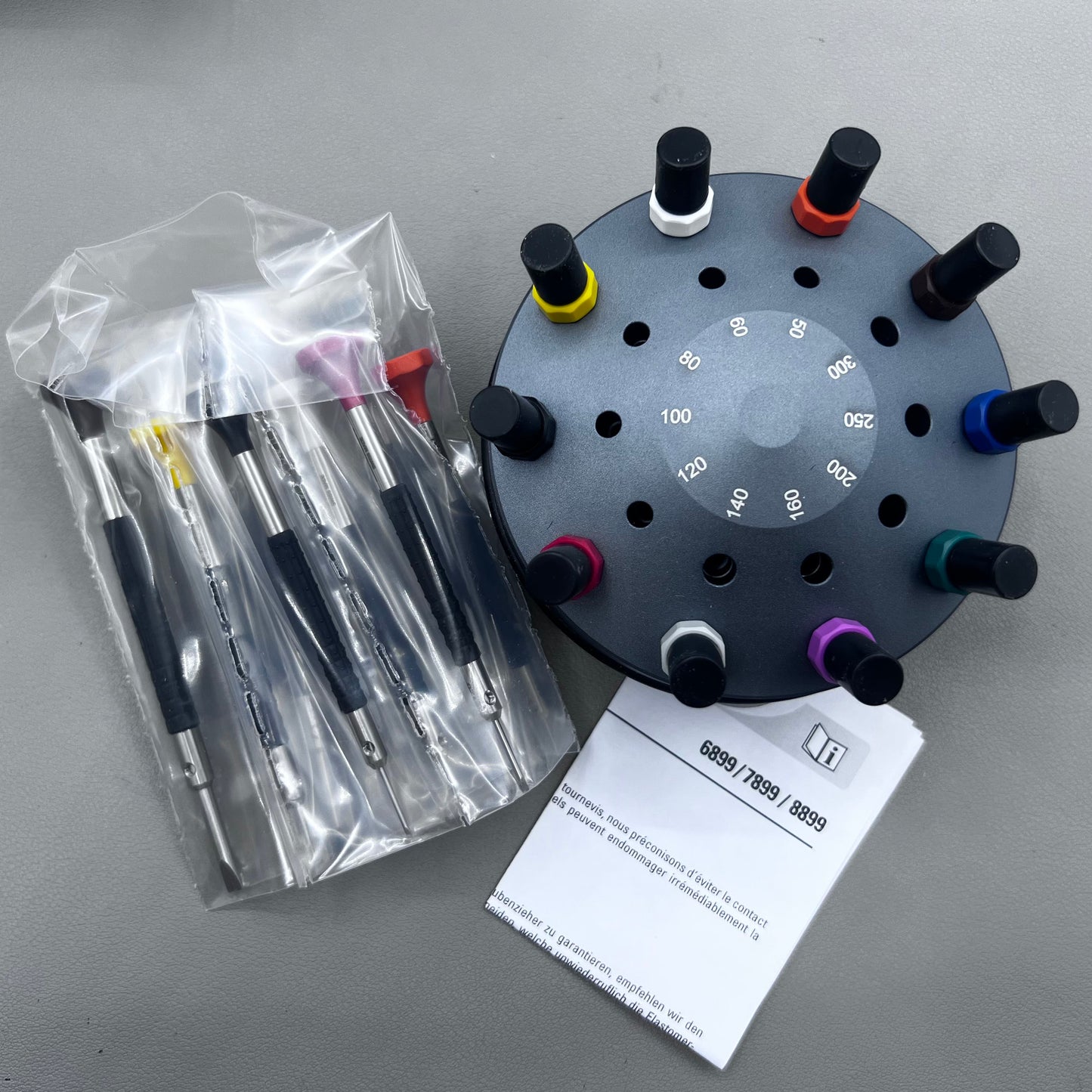 Swiss Bergeon 6899-S10 stainless steel precision screwdrivers with elastomer handles for watch repair.